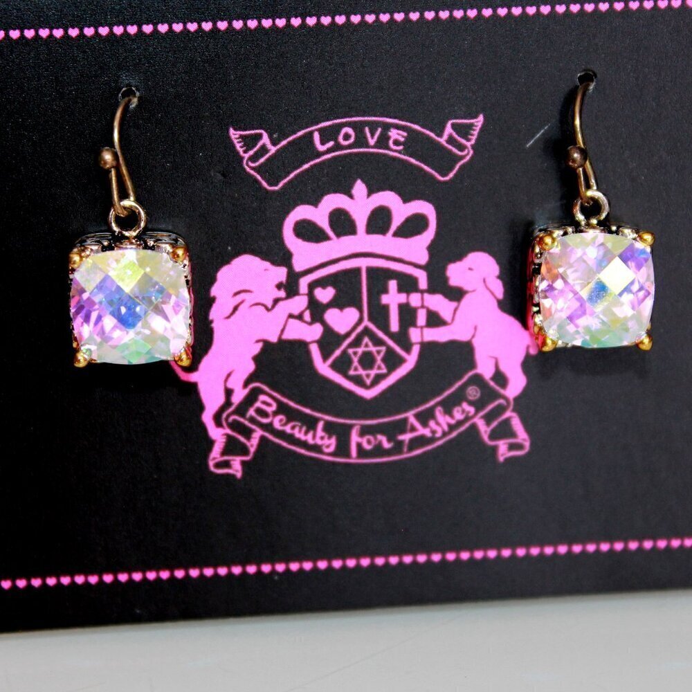 8mm Checker Throne Room Glory Fire Aurora Borealis Rainbow AB CZ Dangle Earrings